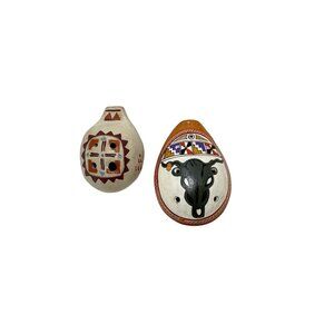 Peruvian Art Ocarina Whistle Hand Painted Clay Flute Musical Instrument Set of 2